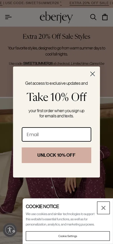Eberjey welcome popup on mobile, second pane after the gate