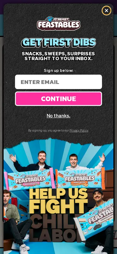 Feastables welcome popup, mobile, September 2026