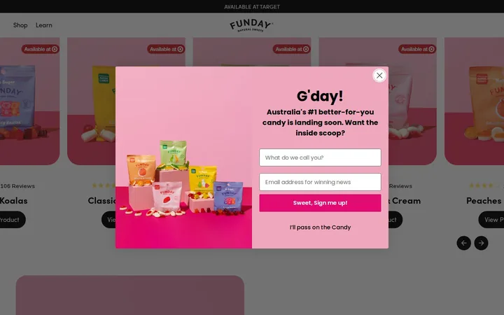FUNDAY Natural Sweets welcome popup on desktop: No stated offer