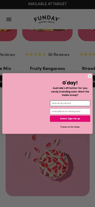 FUNDAY Natural Sweets welcome popup on mobile: No stated offer