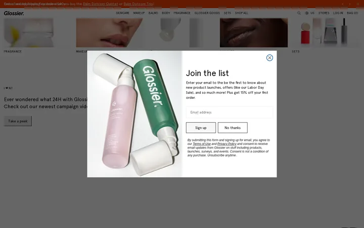 Glossier welcome popup, desktop, September 2026