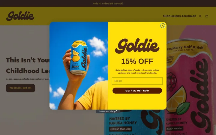 Goldie welcome popup on desktop: 15% off
