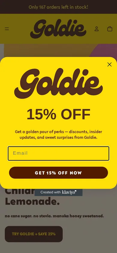 Goldie welcome popup on mobile: 15% off