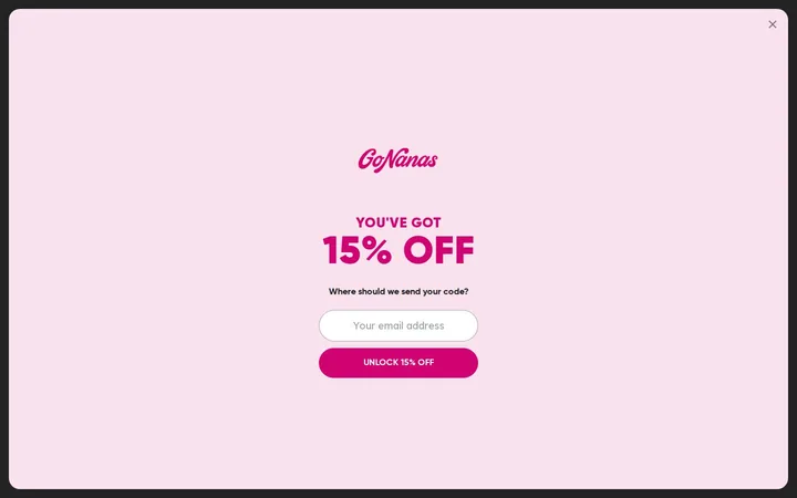 GoNanas welcome popup on desktop, second pane after the gate