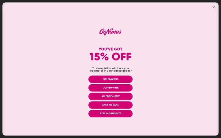 GoNanas welcome popup on desktop: 15% off