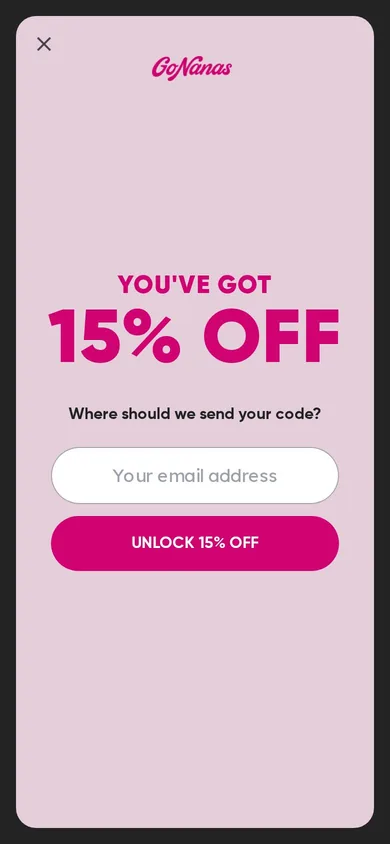 GoNanas welcome popup on mobile, second pane after the gate