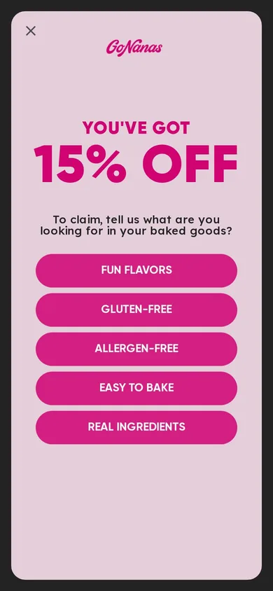 GoNanas welcome popup on mobile: 15% off