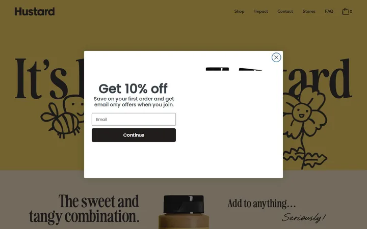 Hustard welcome popup on desktop: 10% off