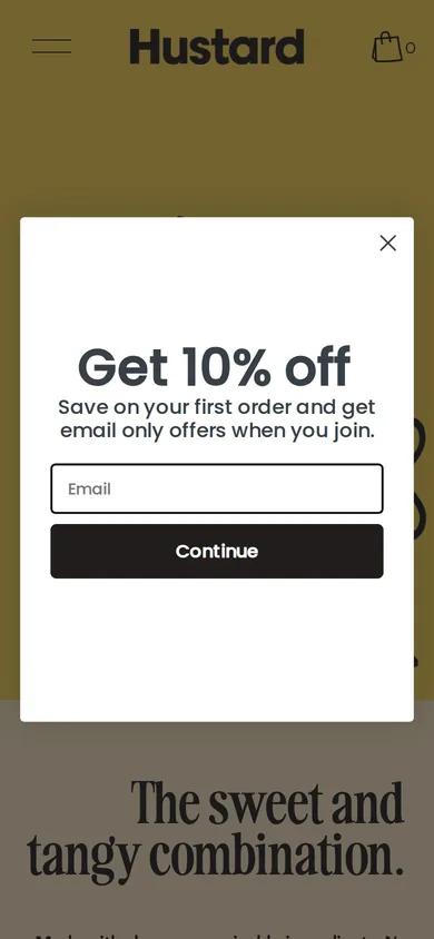 Hustard welcome popup on mobile: 10% off