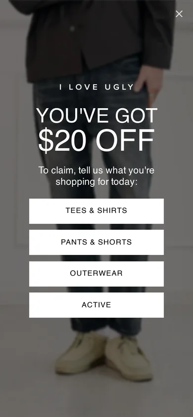 I Love Ugly welcome popup, mobile, September 2026