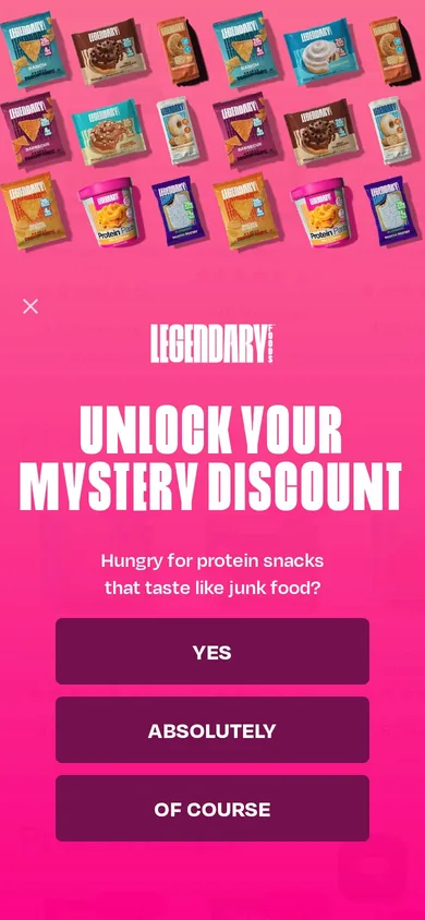 Legendary Foods welcome popup on mobile: Mystery discount