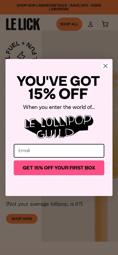 LeLick welcome popup, mobile, September 2026