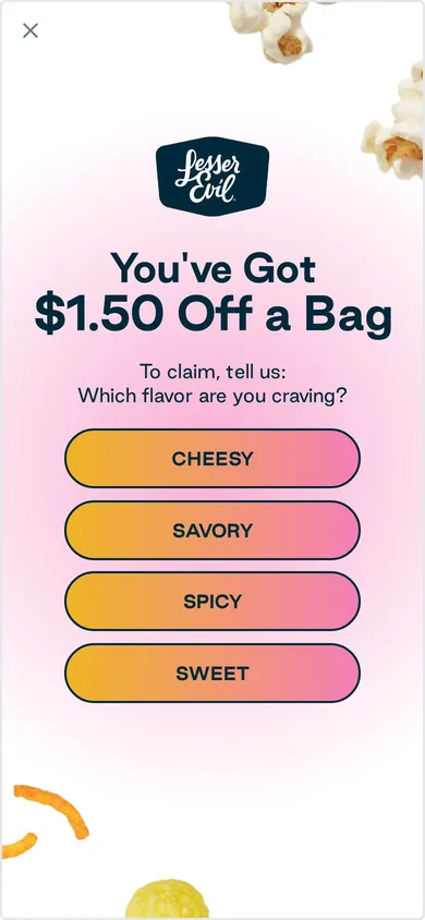 LesserEvil welcome popup on mobile: $1.50 off