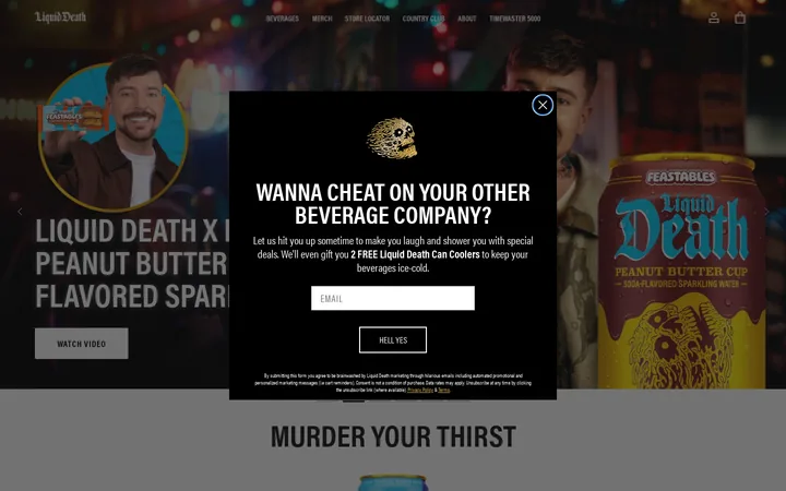 Liquid Death welcome popup, September 2026