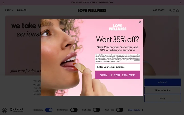 Love Wellness welcome popup, desktop, September 2026