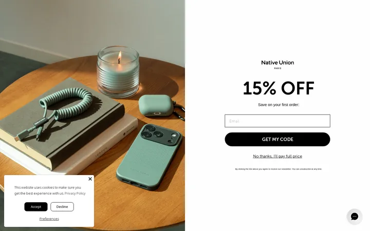 Native Union welcome popup, desktop, September 2026