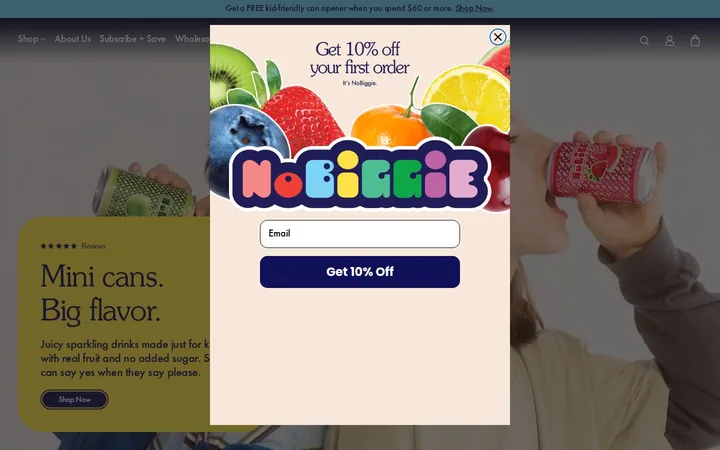 NoBiggie welcome popup on desktop: 10% off