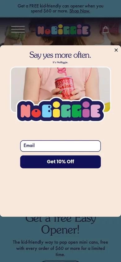 NoBiggie welcome popup on mobile: 10% off