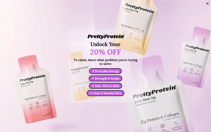 Pretty Protein welcome popup, desktop, September 2026