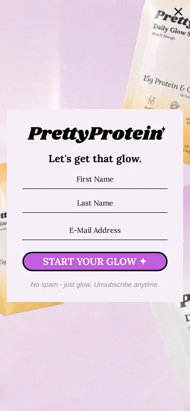 Pretty Protein welcome popup on mobile, second pane after the gate