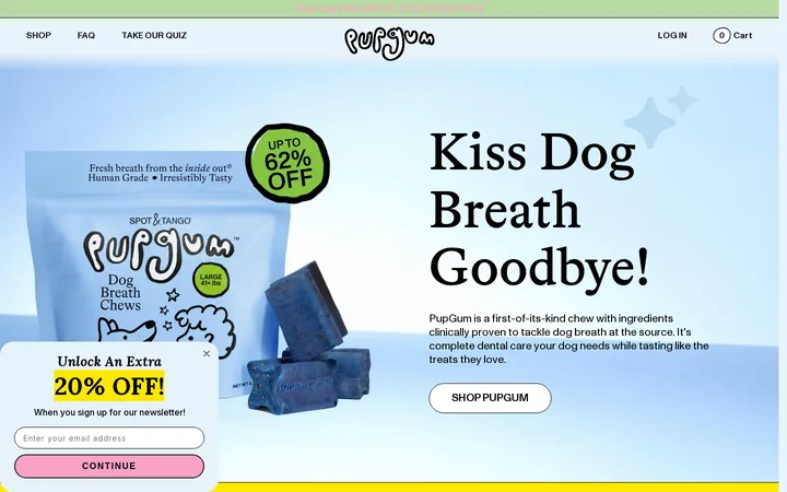 Pupgum welcome popup, desktop, September 2026