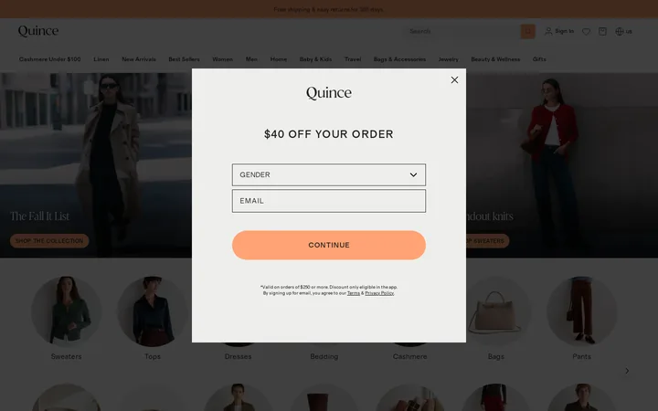 Quince welcome popup, desktop, September 2026