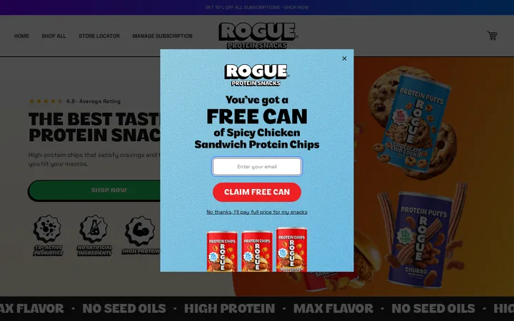Rogue Snacks welcome popup, desktop, September 2026