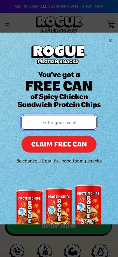 Rogue Snacks welcome popup, mobile, September 2026