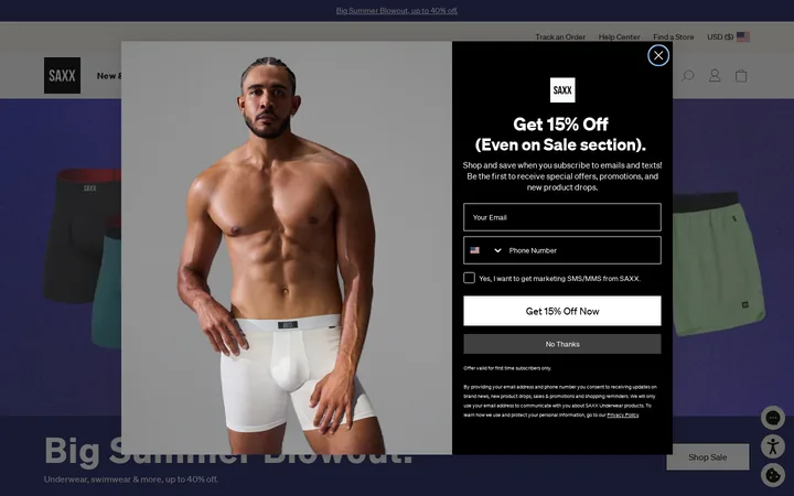 SAXX welcome popup, desktop, September 2026