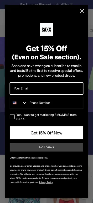 SAXX welcome popup, mobile, September 2026