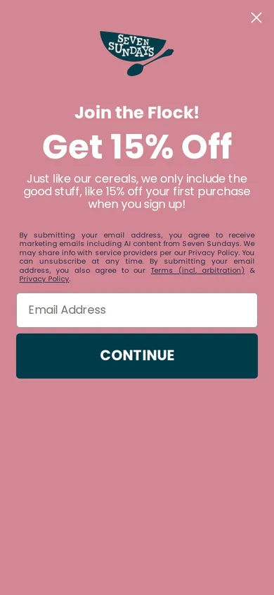 Seven Sundays welcome popup on mobile: 15% off
