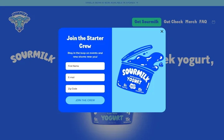 Sourmilk welcome popup on desktop: No stated offer