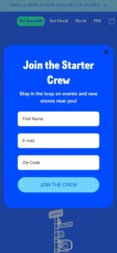 Sourmilk welcome popup on mobile: No stated offer