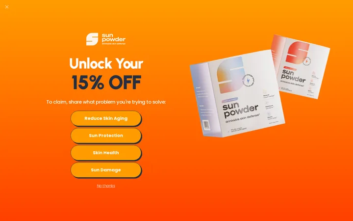 Sun Powder welcome popup, desktop, September 2026