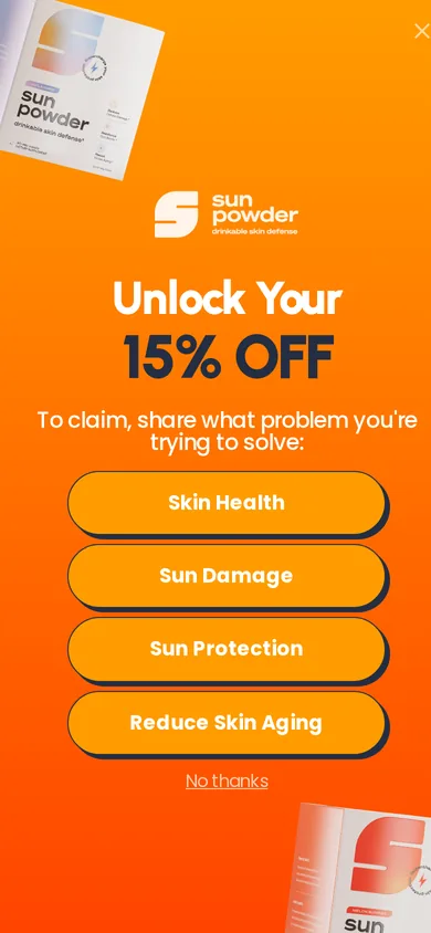Sun Powder welcome popup, mobile, September 2026