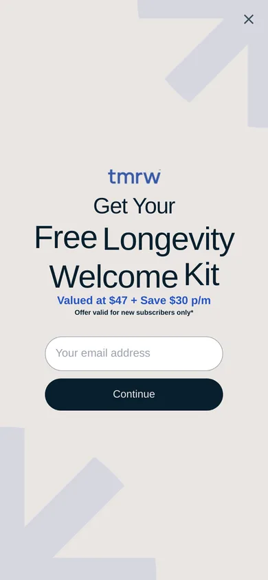 TMRW welcome popup on mobile, second pane after the gate