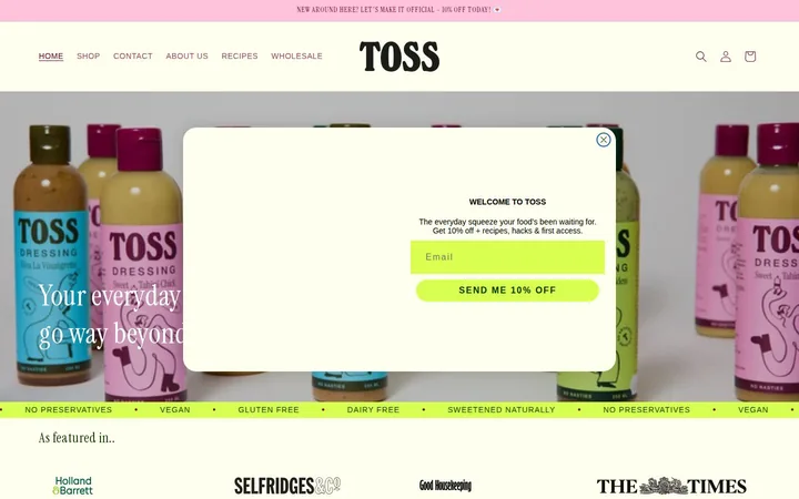 TOSS welcome popup on desktop: 10% off