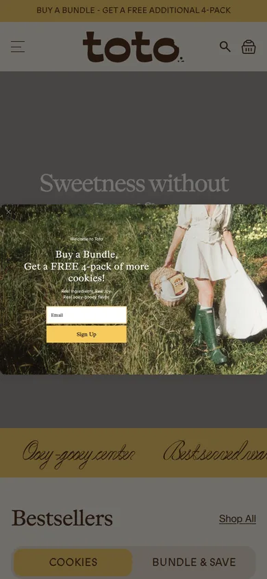 Toto Foods welcome popup on mobile: No stated offer