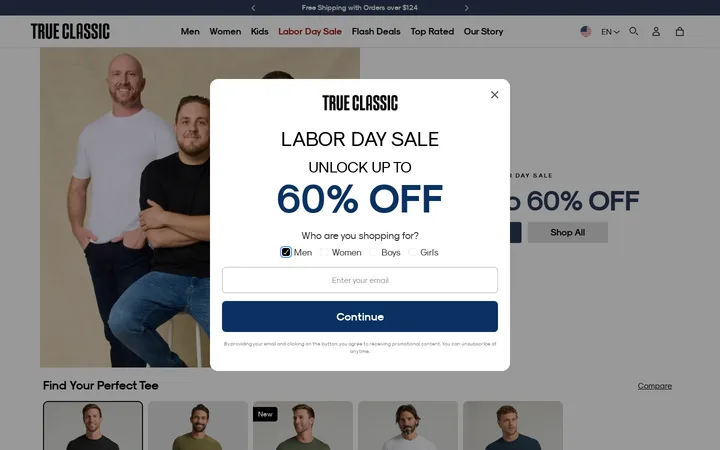 True Classic welcome popup, desktop, September 2026