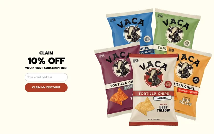 Vaca Chips welcome popup on desktop: 10% off