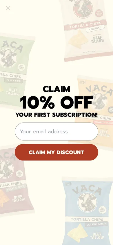 Vaca Chips welcome popup on mobile: 10% off