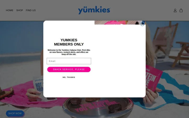 Yumkies welcome popup on desktop: No stated offer