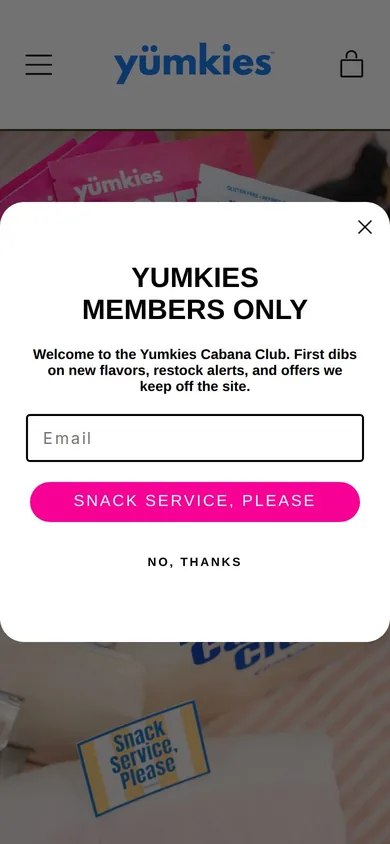 Yumkies welcome popup on mobile: No stated offer