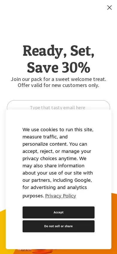 Zesty Paws welcome popup on mobile, second pane after the gate